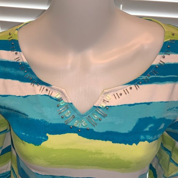EUC Sapphire Star Women's Medium Top Colorful Green White Blue Stripes + Beads - Picture 5 of 13